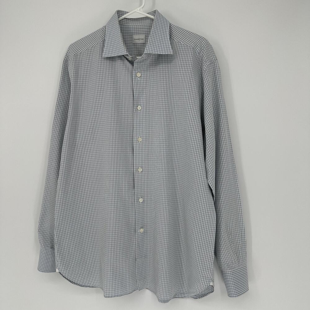Ermenegildo Zegna Dress Shirt Mens 17.5 XL Blue Brown Check Cotton Long Sleeve - Picture 6 of 11